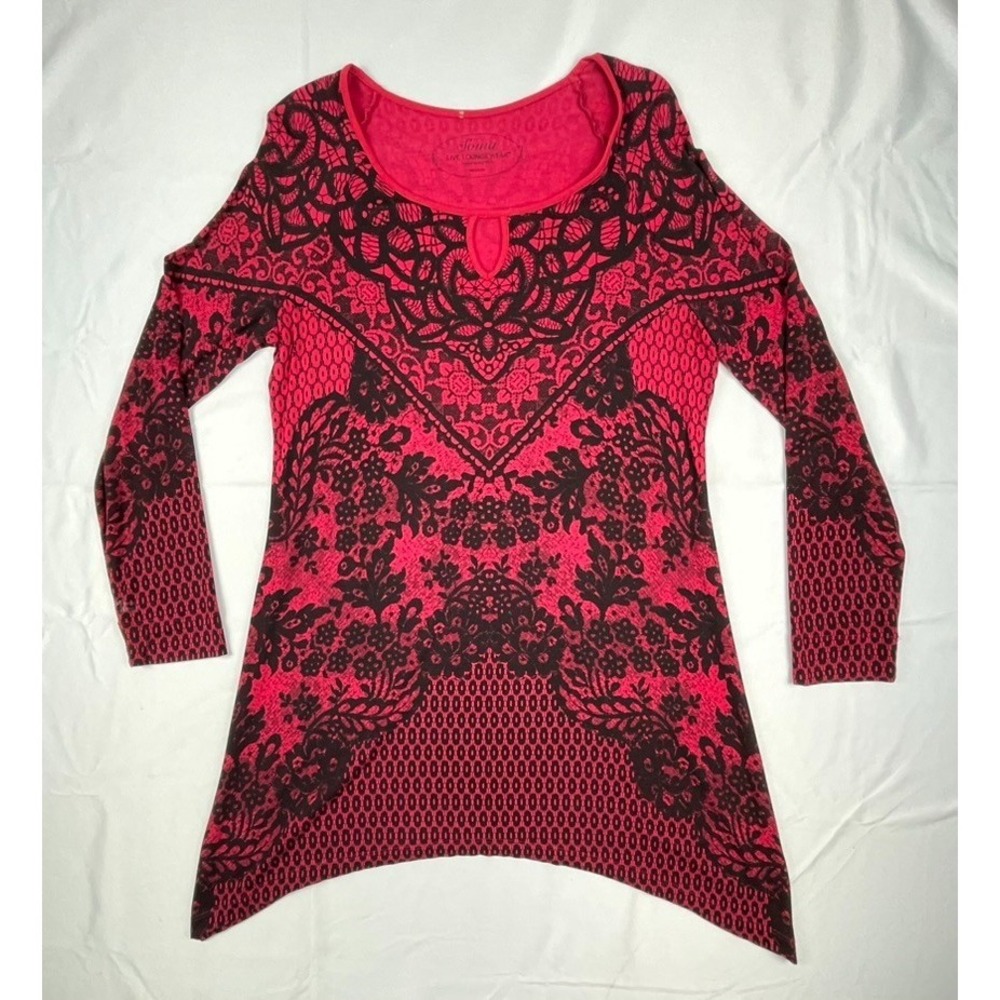 SOMA LIVE LOUNGE WEAR SLEEP SHIRT WOMENS MEDIUM RED BLACK FLORAL TUNIC SOFT ST